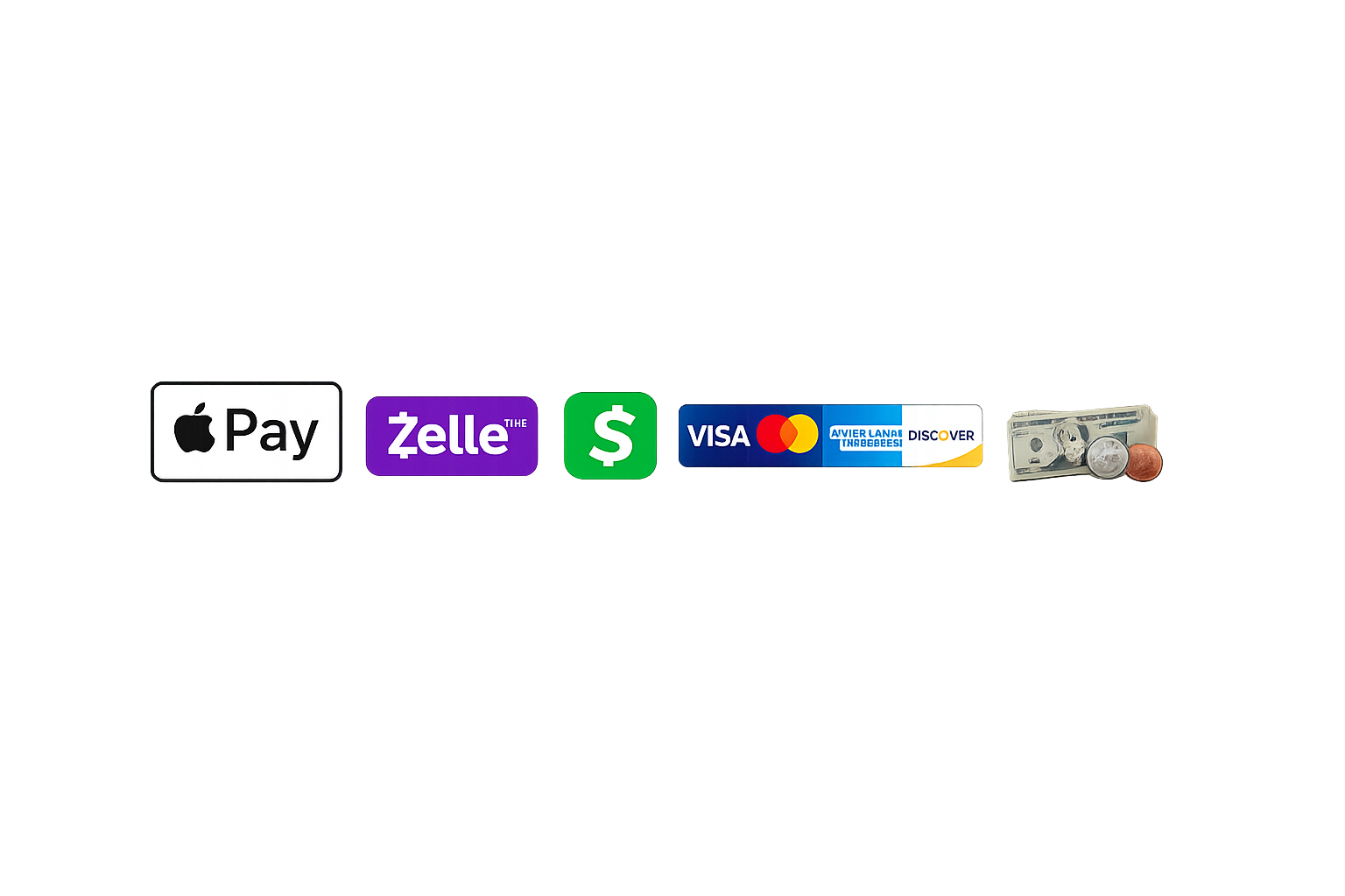 Accepted payments: Apple Pay, Zelle, Cash App, Cards, Cash